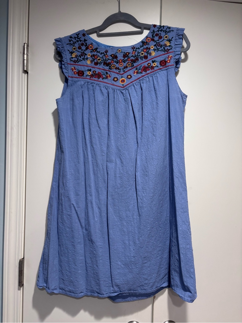 Blue Embroidered Yoke Sleeveless Summer Dress